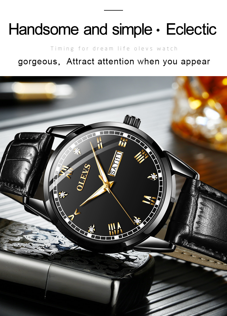 Olevs Classic Crystal Roman Marker Leather Men Quartz Watch Collections