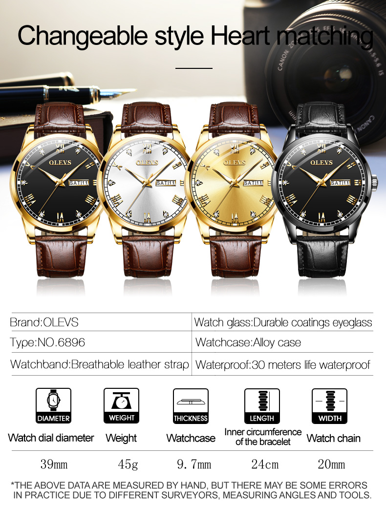 Olevs Classic Crystal Roman Marker Leather Men Quartz Watch Collections 5970