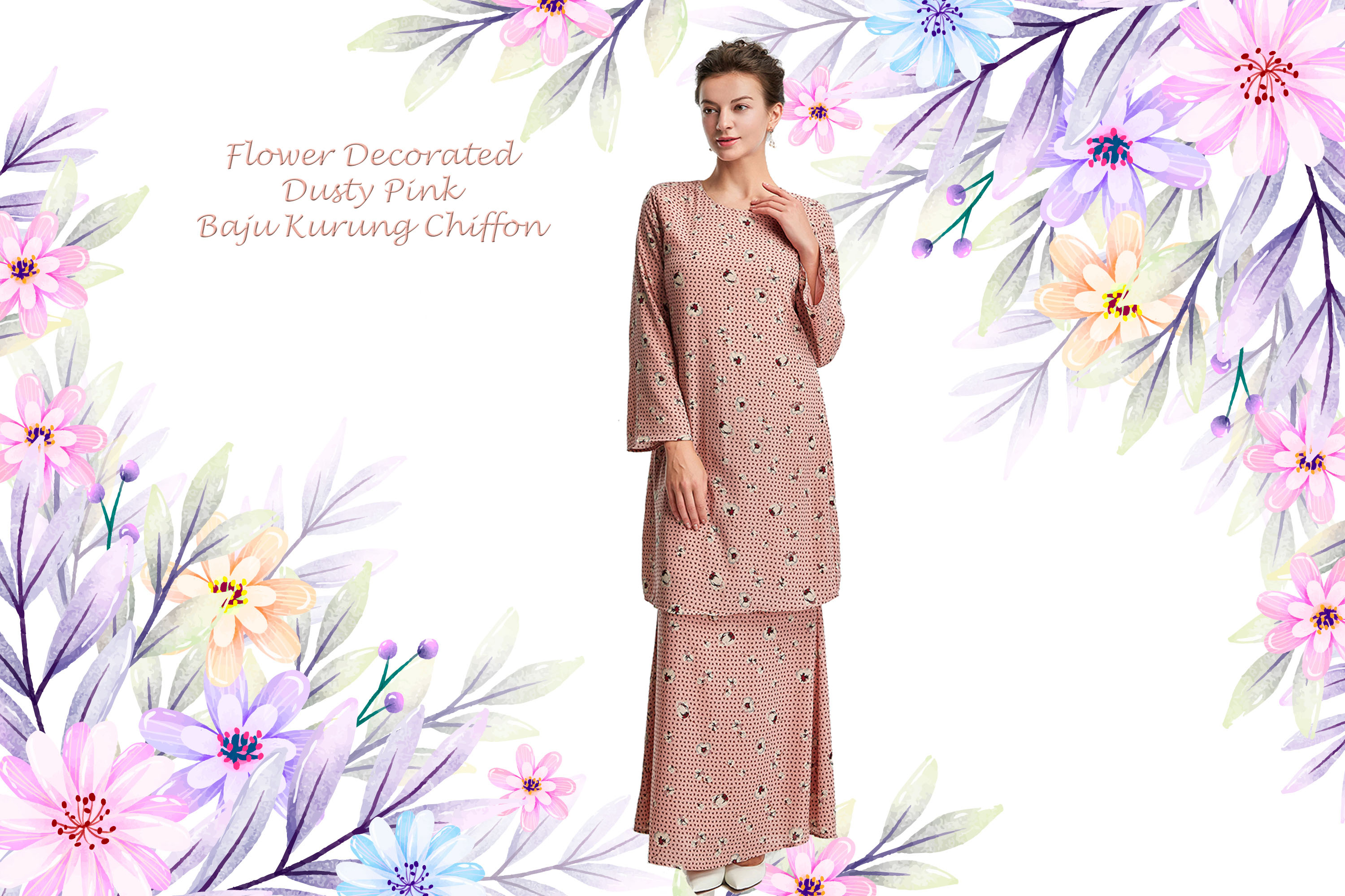 ERA MAYA Flower Decorated Dusty  Pink  Baju  Kurung  Chiffon