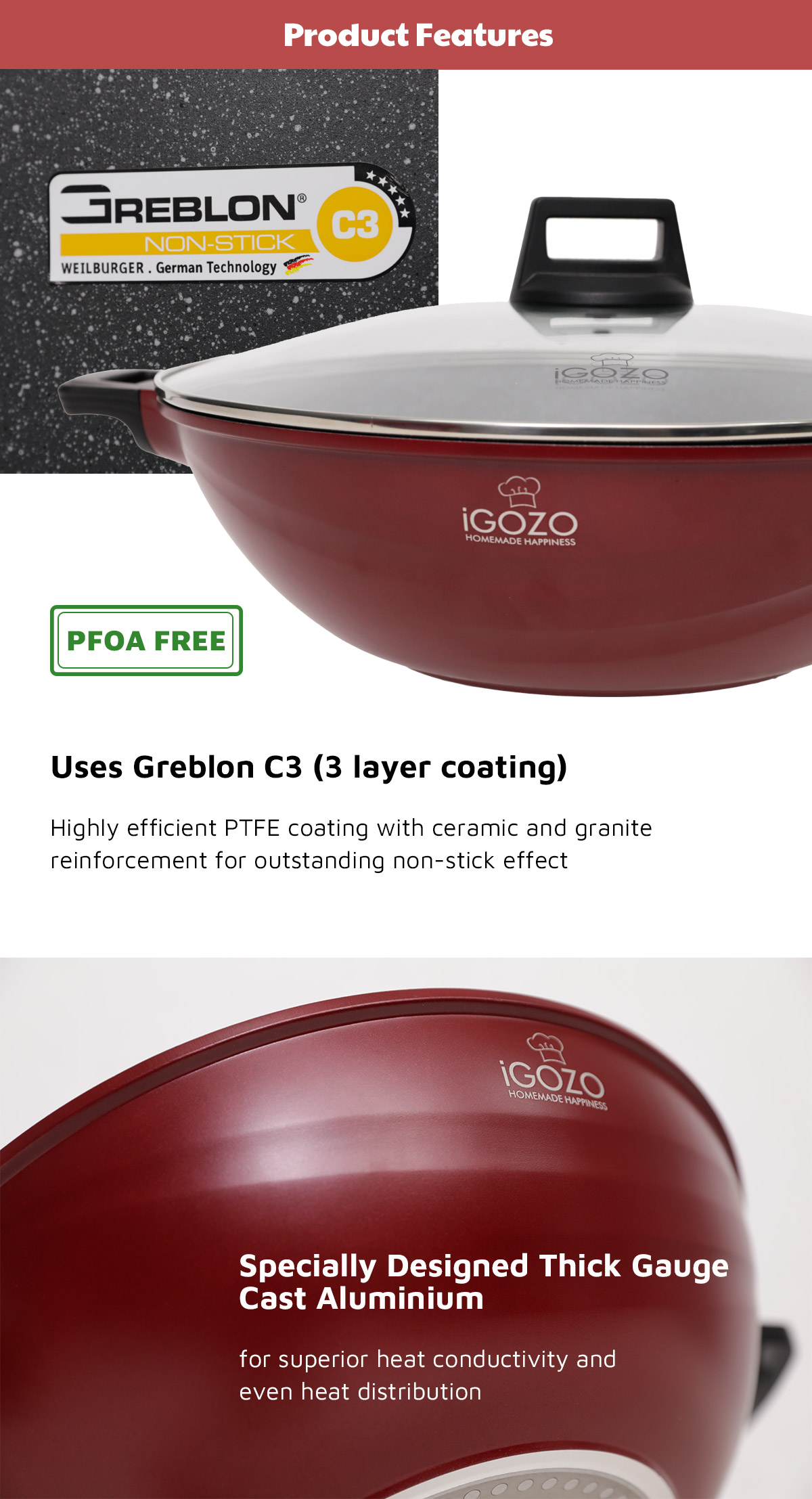 Igozo 36cm Lava Red Premium Granite Wok